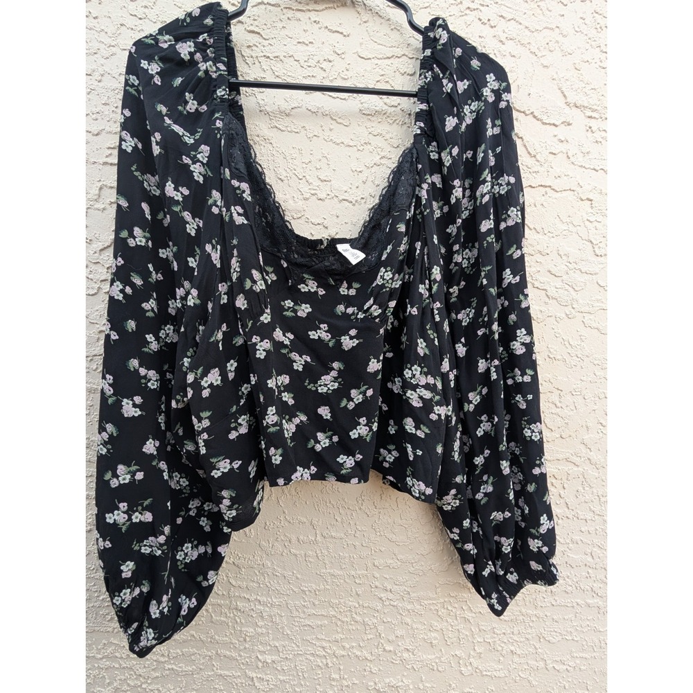 BP Lace Trim Long Sleeve Crop Top Black Floral 3x Plus Size Coquette Smocked NEW